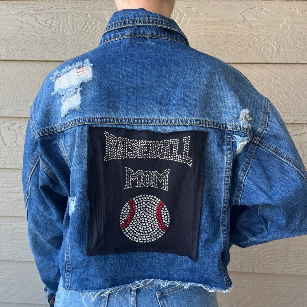 Baseball Mom Bling Jean Jacket Denim Frayed Destressed Unpcycled Handmade Medium